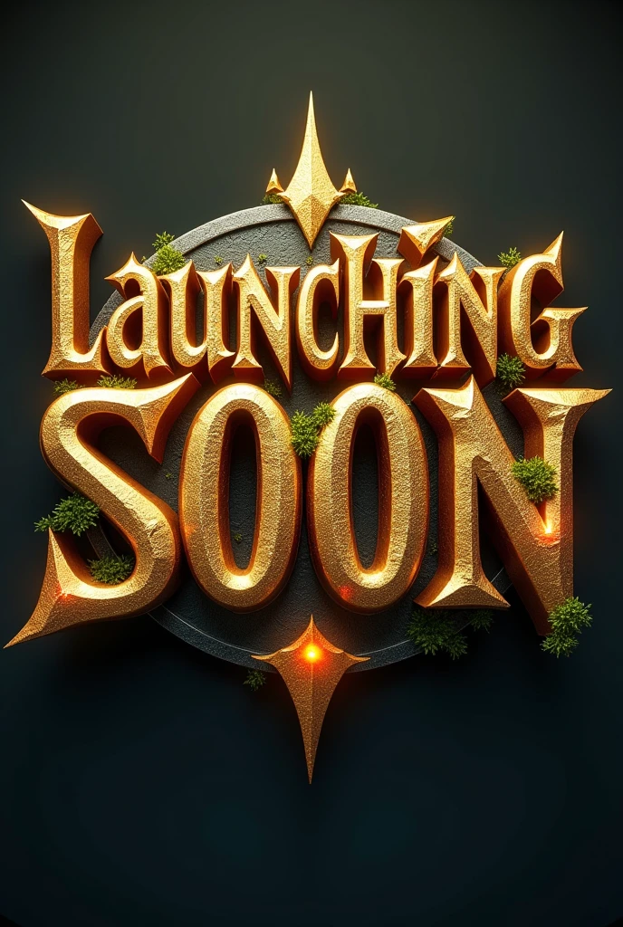 Create a 3D stylized text design for the word 'Launching SOon' using a medieval fantasy-themed font. The font should have a bold, blocky appearance with subtle curves and intricate details. The letters should have a stone-like texture, with small cracks and moss growing on the edges to enhance the ancient, mythical feel. Use a rich golden color with a metallic finish for the text, and add glowing accents around the edges to make it stand out. The overall design should be majestic and powerful, suitable for a fantasy-themed logo