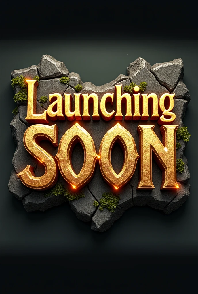 Create a 3D stylized text design for the word 'Launching SOon' using a medieval fantasy-themed font. The font should have a bold, blocky appearance with subtle curves and intricate details. The letters should have a stone-like texture, with small cracks and moss growing on the edges to enhance the ancient, mythical feel. Use a rich golden color with a metallic finish for the text, and add glowing accents around the edges to make it stand out. The overall design should be majestic and powerful, suitable for a fantasy-themed logo