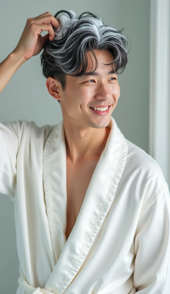 Create a handsome Asian man，The facial features are neatly dressed in a white satin bathrobe.，Wash your hair with your hands，My hair is full of foam，The foam on the head covers all the hair，Open your eyes，The expression is happy，The characters are realistic and realistic，White bathroom background，Showing the character&#39;s hair，9:16 frames，Ultra-high-definition picture quality