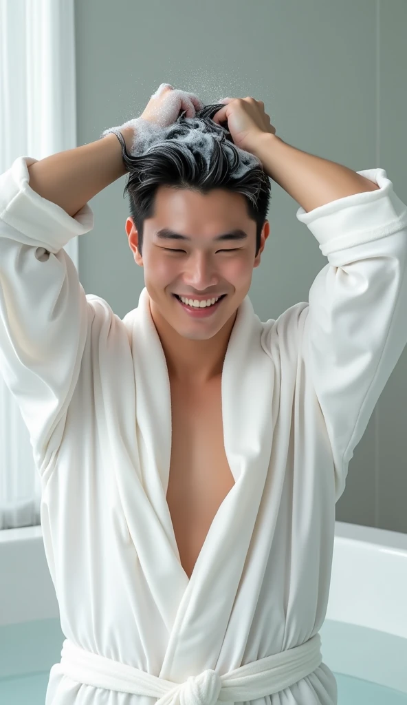 Create a handsome Asian man，The facial features are neatly dressed in a white satin bathrobe.，Wash your hair with your hands，My hair is full of foam，The foam on the head covers all the hair，Open your eyes，The expression is happy，The characters are realistic and realistic，White bathroom background，Showing the character&#39;s hair，9:16 frames，Ultra-high-definition picture quality