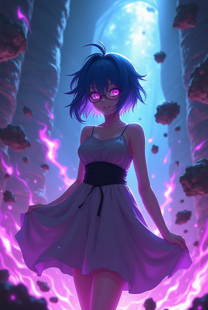 Very minimalistic, dynamic scene with a female character, bright purple eyes, glasses, blue hair, dress, chaos, everything in purple flames, demonic, light, glow, spiky hair, anime, darkness, fragments of fire, fire rain, thunderstorm, blue flame in the background, kind, shiny, aggressive, he is in a spectacular pose, 3D, dynamic pose, realistic flame, he is in a dark dungeon
