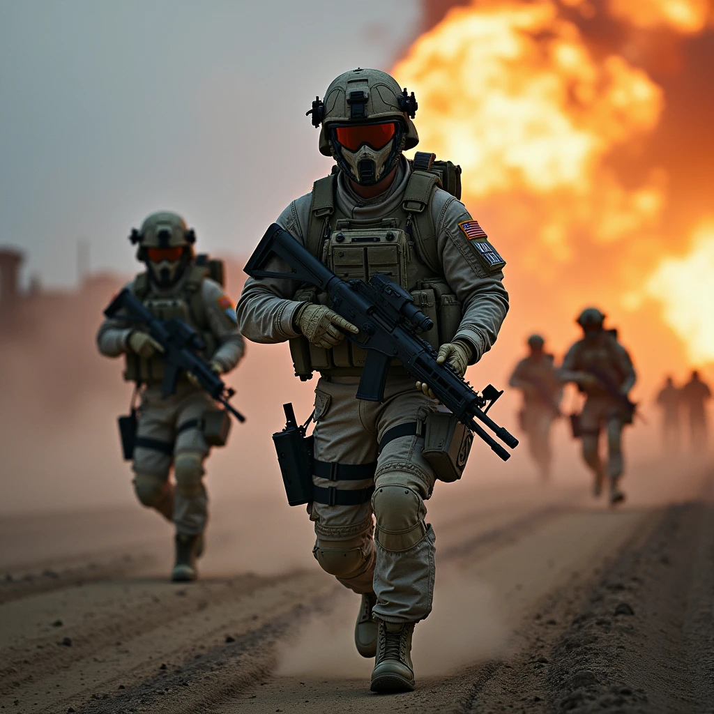 a group of soldiers walking down a road with smoke billowing from them, digital art by Mustafa Rakim, tumblr, nuclear art, powerful explosions, smoke war, large explosions, magical and alchemical weapons, charge explosives, explosions, huge explosions, explosions of power, [explosions and fire], explosions and smoke, 2022, 2 0 2 2