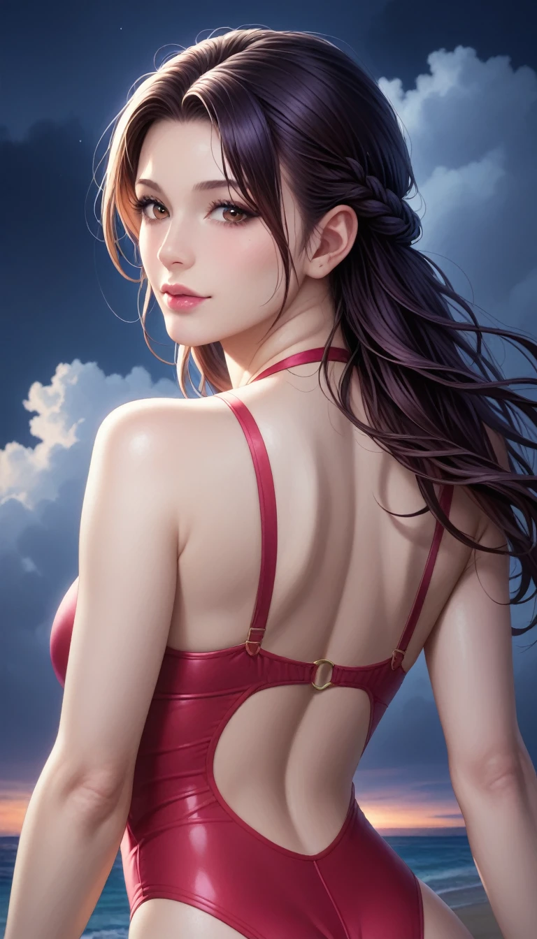 score_9, score_8_superior, score_7_superior, High-resolution CG illustration,A masterpiece in 32K resolution,Highest quality,it is really amazing,Very detailed,Ultra-high resolution,Ultra-realistic,Realistic,Increased depth of field,Cinematic lighting,
Sexy mature Japan woman,
Straight long hair with black hair,Ultra-detailed and beautiful face,Calm and gentle look,Beautiful brown eyes,Translucent white skin,Realistic skin texture,Great proportions,
Elegant red swimsuit,
Simple design,Chic color scheme based on red,Detailed fabric texture,
(Dark overcast sky on a dull night:1.1),(Dark clouds filling the sky:1.1),Thundercloud,Coastline at night,Stormy seas,delay々A desolate sandy beach that continues,
(Beautiful back view:1.2),Cinematic,