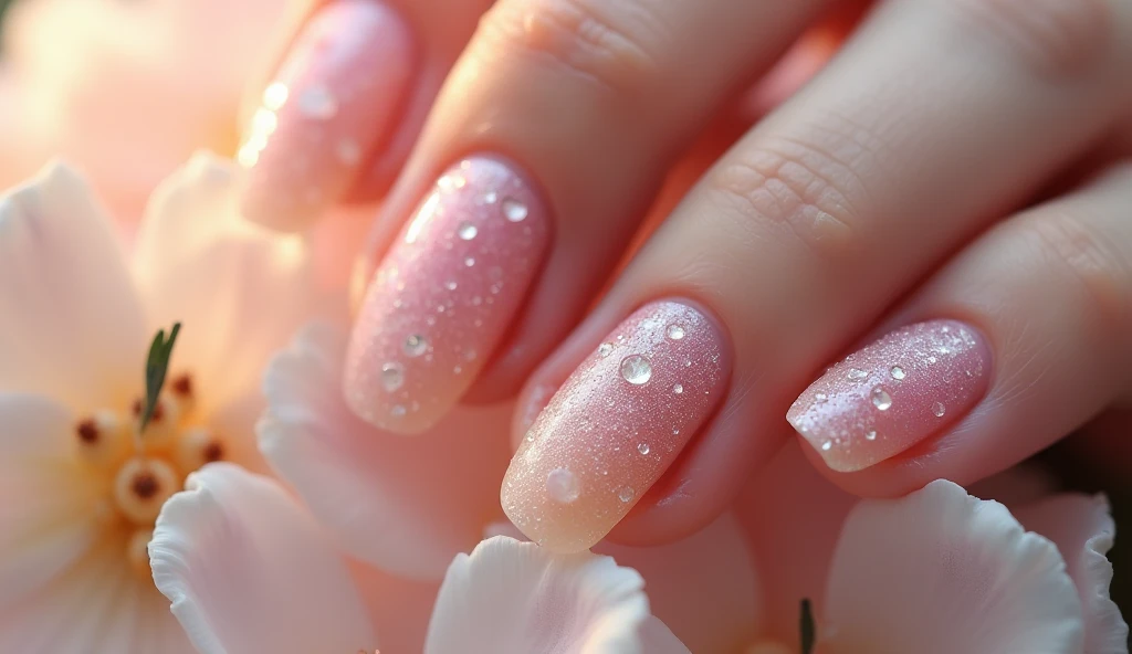 **Dewy Morning Nail Art:** The nails are painted with soft pastels, featuring tiny water droplets. The background on the left mimics a dewy morning garden, where the droplets glisten on soft petals.