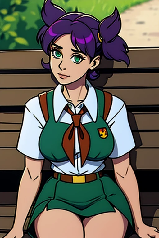 (masterpiece, ultra high resolution, Maximum detail), beautiful girl, Pioneer, pioneer uniform, pioneer skirt,tie and shirt, Girl hairstyle two pigtails , green eyes, Lilac hair,sitting on a bench in a pioneer camp, Lena from Endless Summer