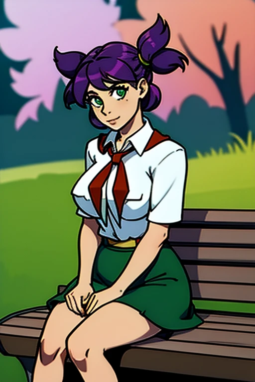 (masterpiece, ultra high resolution, Maximum detail), beautiful girl, Pioneer, pioneer uniform, pioneer skirt,tie and shirt, Girl hairstyle two pigtails , green eyes, Lilac hair,sitting on a bench in a pioneer camp, Lena from Endless Summer