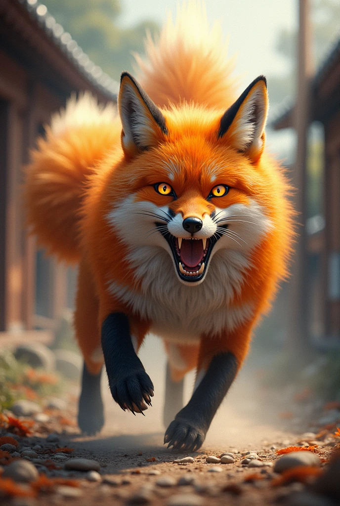 9 tailed fox, fierce roar, traditional japanese village, orange fur, detailed fur, glowing eyes, photorealistic, digital painting, dramatic lighting, vivid colors, epic scale, ultra detailed, 8k, best quality, cinematic