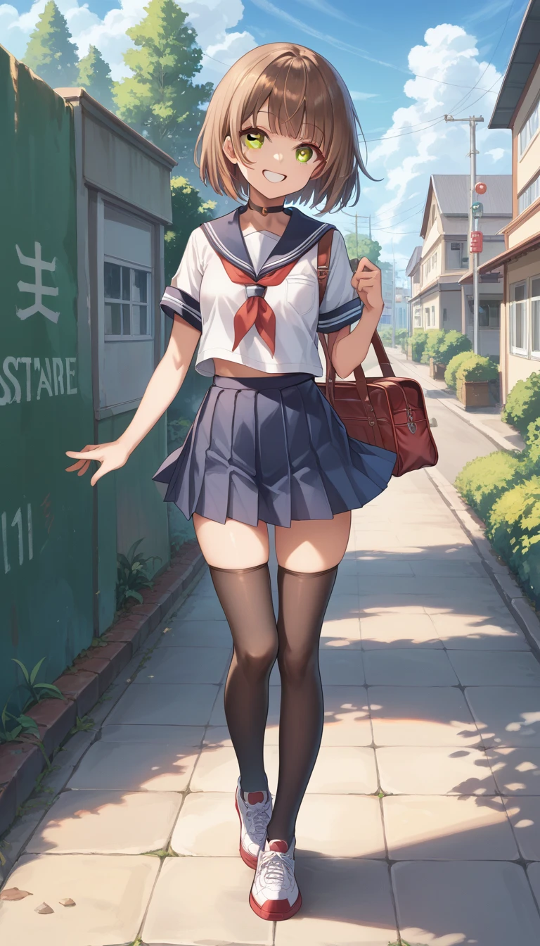(masterpiece:1.3),(Highest quality:1.4),超High resolution,(Detailed eyes),(Detailed facial features),(Detailed clothing features),High resolution,8k resolution, Focus Only, bangs, Fits perfectly to the skin, (Glowing Skin),(Slender girl),dream-like,
(Highly detailed illustration),Check the explanation,Clarification Request,scenery,No text,
Virtual Girl Lynn, Happy, smile, (Small breasts), bangs, Bob Hair, short hair, Brown Hair, Brown eyes, Black choker,
One person, 
student, high school girl, White high school uniform,Sailor suit,Dark red pleated skirt, stockings,sneakers,
