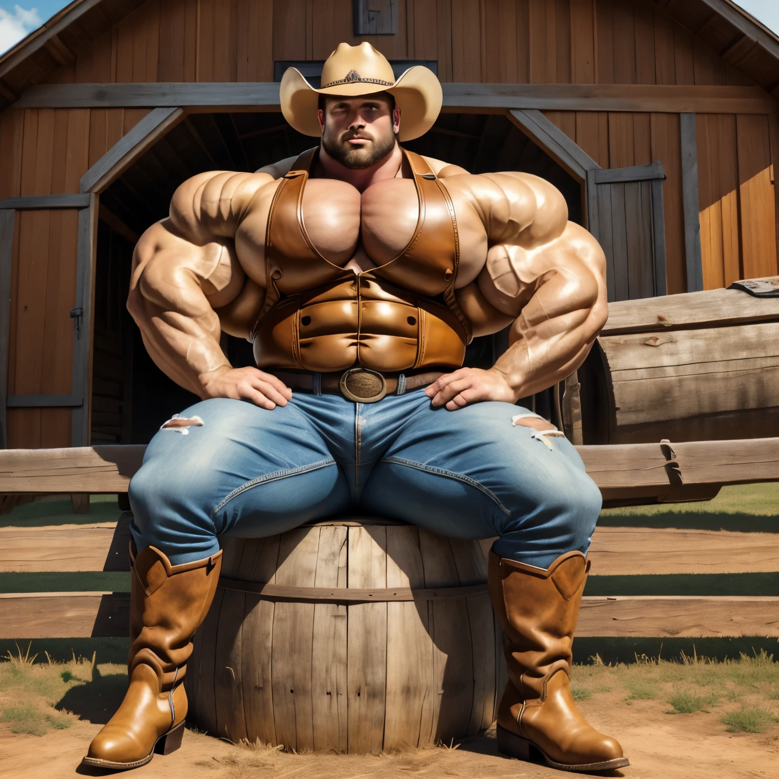 full view, full body, over-muscular over-bloated bodybuilded white blonde handsome cowboy with short shaved hair, looking like a fat obese bull with his huge golden nose piercing, with a brown leather cowboy vest chaps and boots and hat, dozens of golden rings, sitting on a woodend fence in front of a barn , wearing with jeans under his chaps and his cowboy boots must be seen