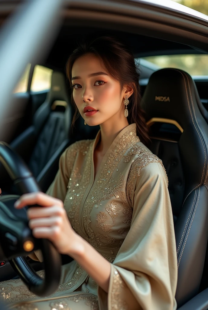 Create an image of a 25-year-old woman who resembles Ayeza Khan, with fair skin, hazel eyes, and noticeable dimples. She is dressed in an elegant, modest Eastern outfit with no skin showing. She is sitting inside a Lamborghini, and the full luxury car is prominently displayed in the scene, showcasing its sleek design and interior features."