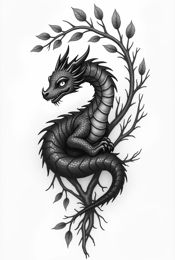 A tattoo template with a dragon with wings that looks cute and is winding along branches with leaves from above and hissing where you can see teeth, the whole thing in black and white but rather lighter than dark