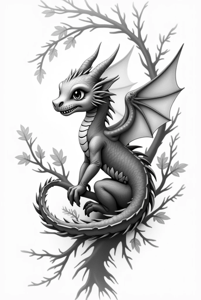 A tattoo template with a baby dragon with wings that looks cute and is winding along branches with leaves from above and hissing where you can see teeth, the whole thing in black and white but rather lighter than dark