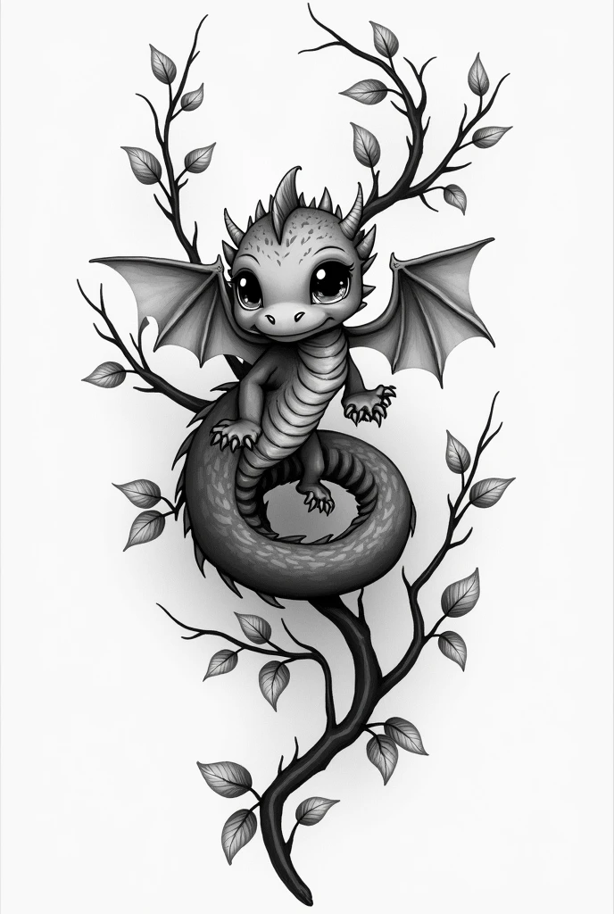 A tattoo template with a baby dragon with wings that looks cute and is winding along branches with leaves from above and hissing where you can see teeth, the whole thing in black and white but rather lighter than dark