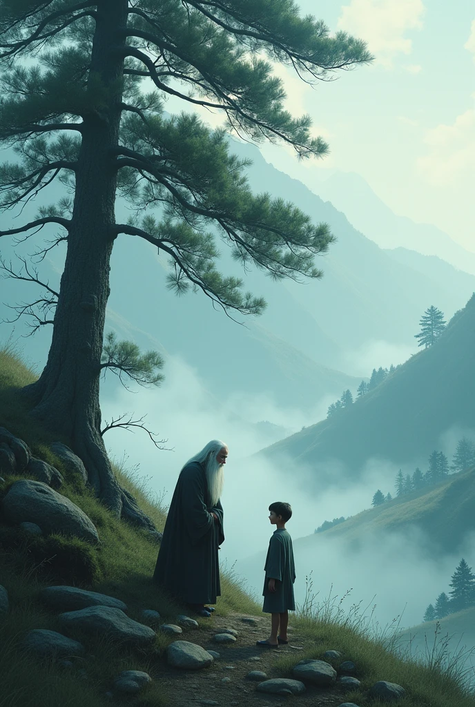 The following is an AI prompt rewritten based on this poem: In a mountain shrouded in mist，Under a sturdy, towering pine tree，An old man with white hair and beard was bending over, talking to a boy in ancient clothes。The old man was asking the boy where his master had gone to gather herbs。The boy replied that his master was gathering herbs in this mountain，But deep within the mountains, clouds lock the mist，It is difficult to see the exact location。Surrounded by verdant forests and rolling hills，White mist swirls among the mountains，The scenery is mysterious and deep。The overall tone of the image is dominated by bluish-green and grayish-white，It embodies a rustic and serene atmosphere。,