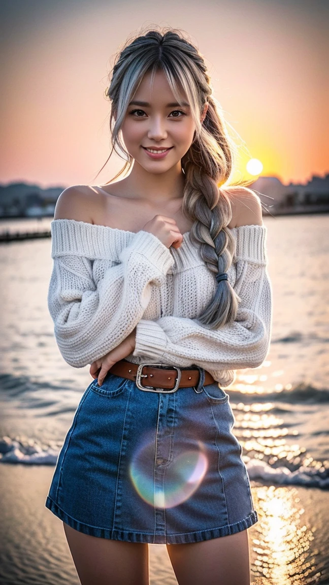 sunset city,The actress is a very beautiful western adult woman...... lace bobbin ruffle mini skirt,sexy face, Belt bag, Oversized loose sweater with lace bobbin, V-neck and off-the-shoulder . happy smile.sexy face, (silver hair、Bollos retorcidos en una Horse tail adornados con trenzas y cuentas elaboradas.,Fishbone braided hair,),(The fringe is transparent fringe.),(shorten、Horse tail、by the floating、),.(strong emphasis:1.3),Use sunset as lighting.,cinematic light,(mesa,Maximum quality,Ultra-high resolution output image,) ,(8K quality,),(nautical art mode 2:1.3),,(Ultra HD picture mode,)
