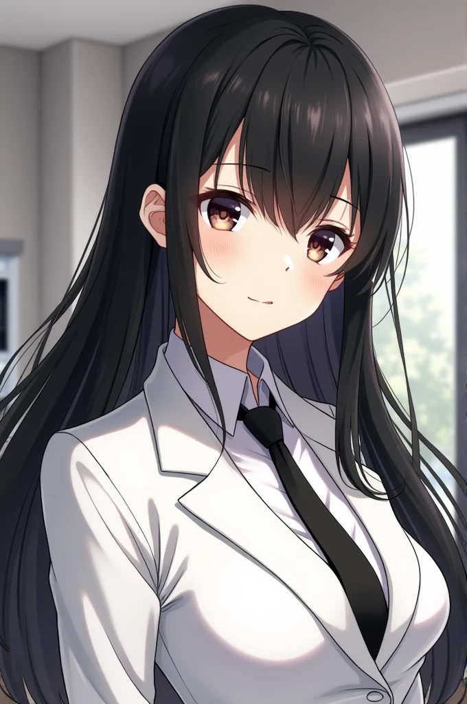 An anime girl with black hair, eyes black, skin fair, white suit and white blouse with a black tie and the background is her house.
