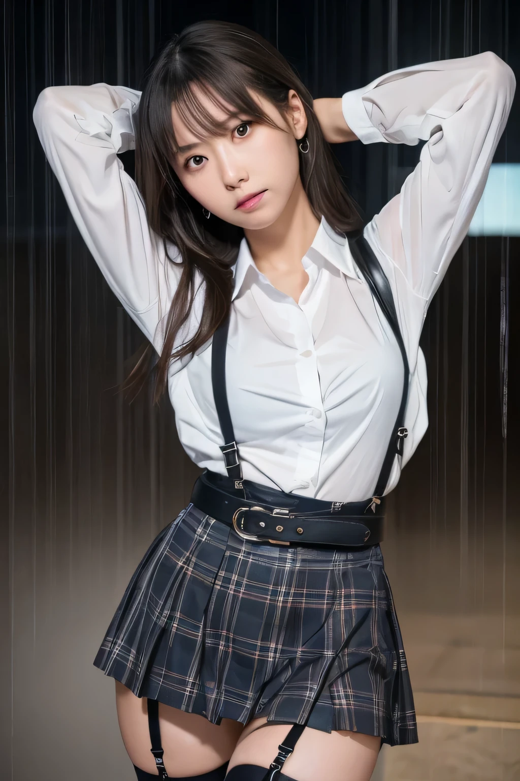 1 female, , high quality, masterpiece, Ultra-high resolution, Cinema Lighting, 1 female, , high quality, masterpiece, Ultra-high resolution, , Cinema Lighting, suspenders Moderate breasts Small face Looking up Sweat Thin belt buzzer 脇Sweat garter belt Belt on pants holster Hands behind your back Looking up Anxious face Knee-high Knee socks Knee-highソックス garter ふとももにgarter belt Checkered mini skirt Panty shot Skirt gap Armament holster holster Hands behind your back Anxious expression Anxious face, legs apart Armament Leg Holster holster See-through clothing heavy rain Rain-soaked dress shirt,Moderate breasts ガーターbelt suspenders Garter on the thigh Checkered mini skirt Looking up Pause belt Armpit sweat Hands behind back Raise your hands
