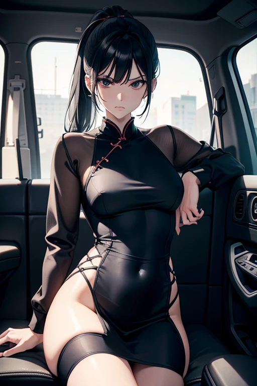 One person, High resolution, High resolution, masterpiece, Anatomically correct, accurate, Winner of numerous awards, Textured skin, Retina, Black Hair, Split Ponytail, Slim Body,Slanted Eyes, Contempt/angry gaze, Wide-angle shot, Barrette, Anaglyph, Unreal Engine, Black Mini Cheongsam,Rear seats of a minivan,ローティーン,ノースリーブ