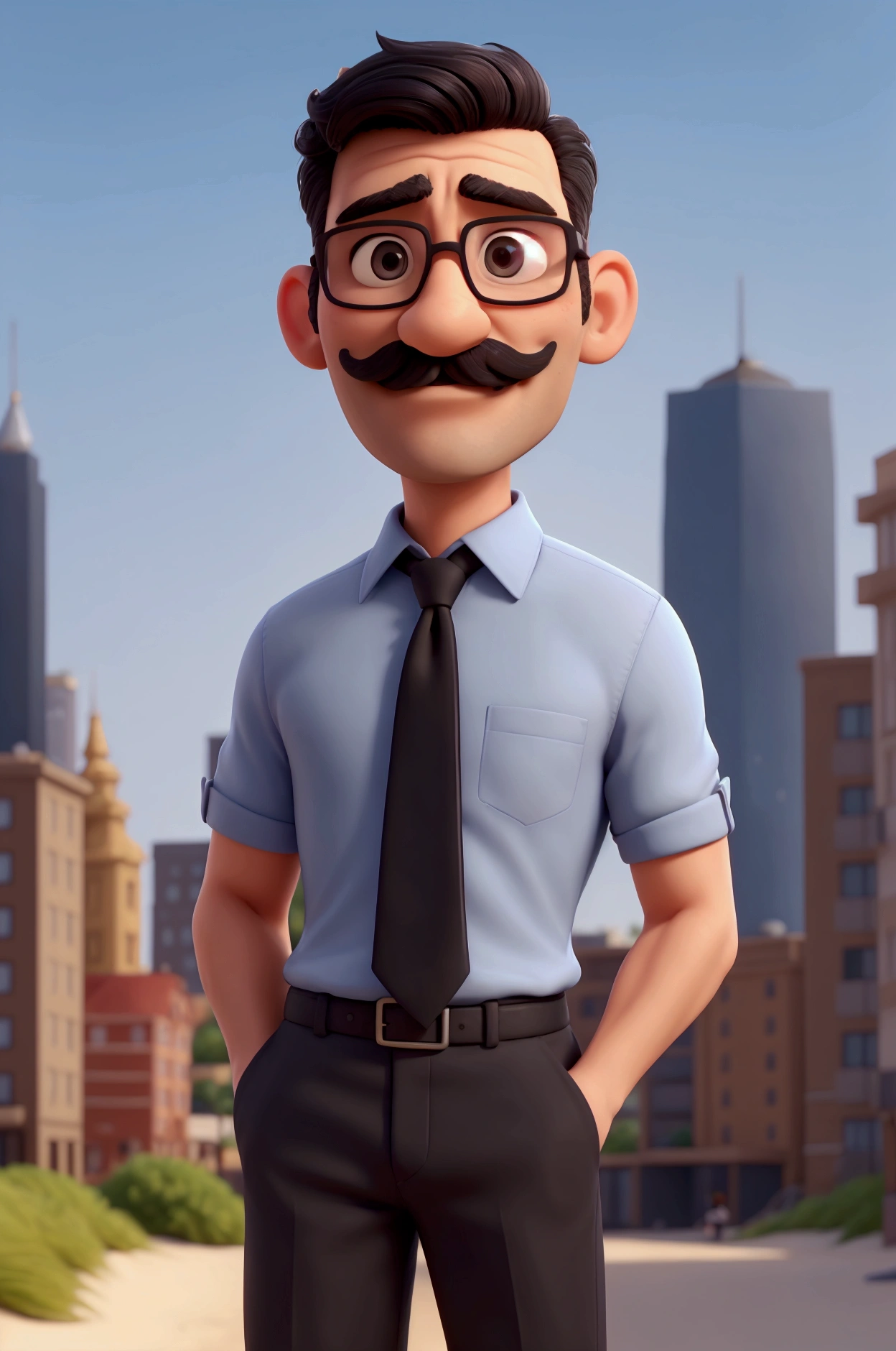 a man with medium tone skin, smooth and even, 50 years old, slender body, short black hair styled with gel, formal and discreet mustache in the same tone as his hair, his face shows a small mole on the right cheek, between the nose and the mustache, wearing black-framed glasses and clear lenses, wearing a light blue dress shirt, he displays a captivating smile and gestures with his hands with a like sign, in the background a city with blurred buildings and the edge of a beach