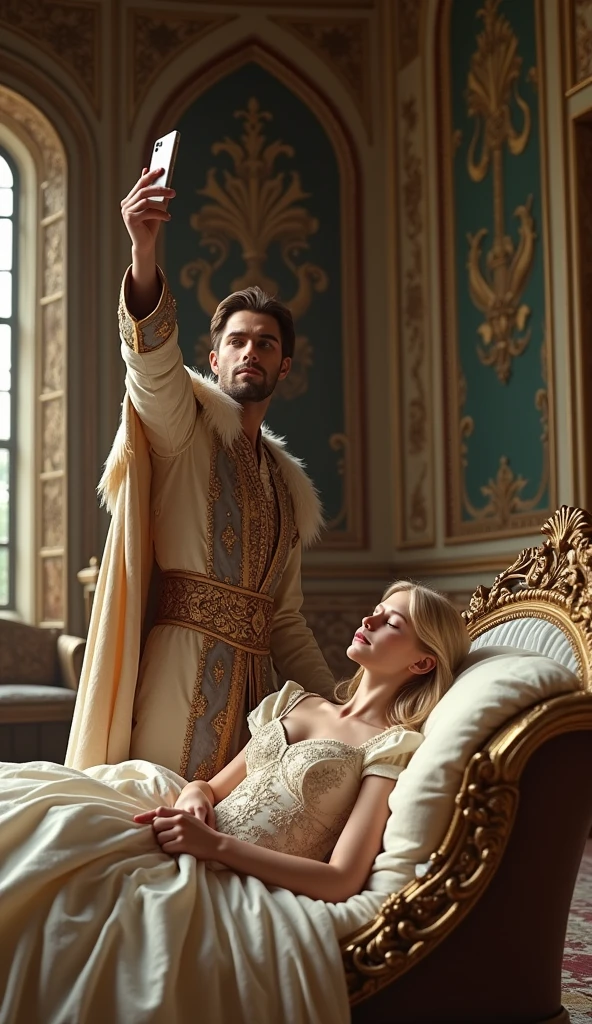 create an image prompt with a prince taking a selfie next to him is a blonde princess sleeping in a luxurious medial salon where the prince takes a selfie, this selfie is the image itself generated by artificial intelligence the selfie taken is the image itself generated, where the prince is taking a selfie with the sleeping princess