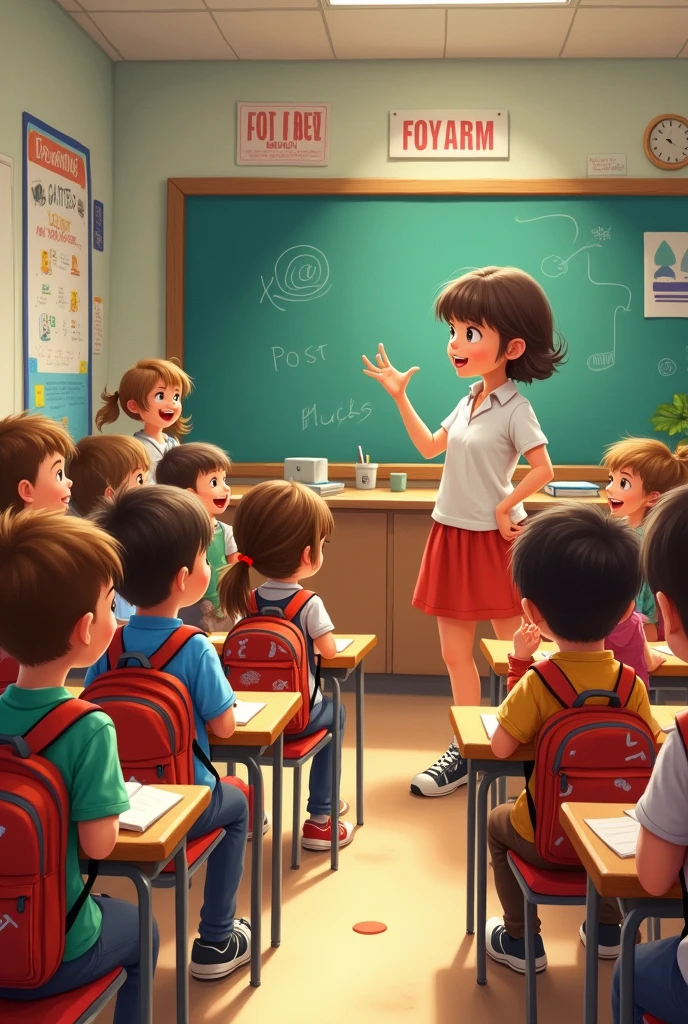 Animated drawing of children sitting with their backs to the teacher.
