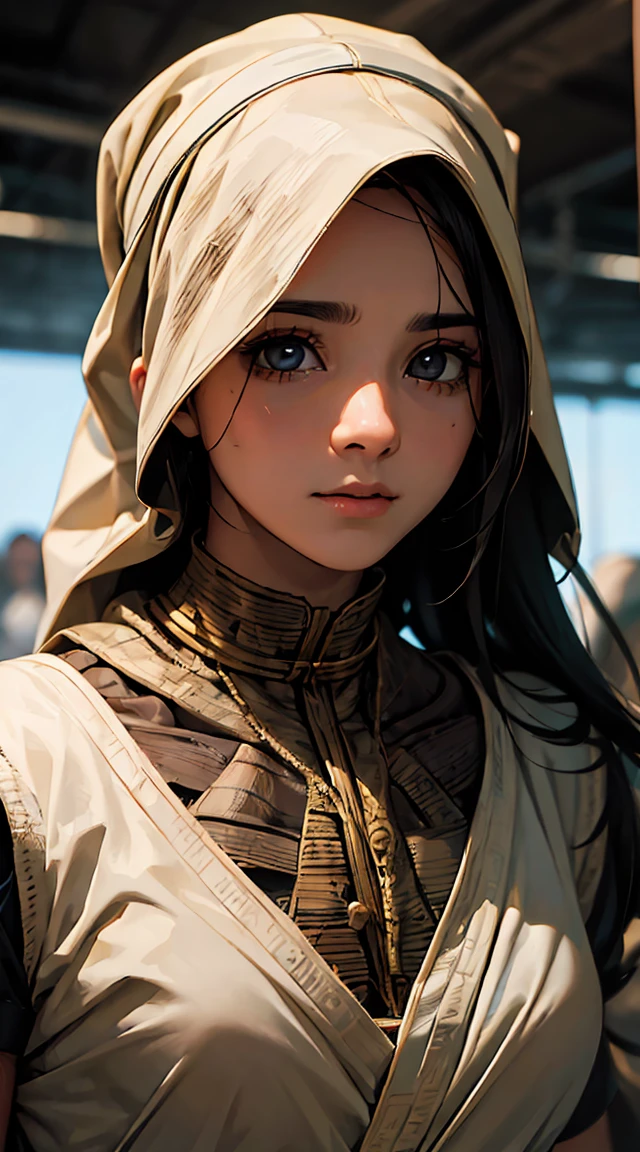 "(best qualityer,high resolution),close-up of a mummy's face,covered in bandages with golden hieroglyphs,(detailded:1.1),(bright and intense colors:1.1),(realisitic:1.1) graphic art style,terrifying,eye sockets with shining golden eyes,detailded wrinkles, dark circles under his eyes"