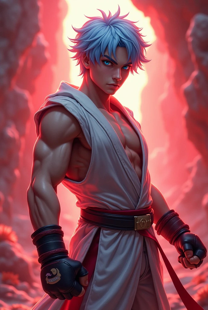 a boy with the rest of a realistic character with light blue hair and eyes too and an impeccable fighter outfit and a beautiful and cute face, in a distant and beautiful world full of red and bright lights. With strong muscles and bouncing out.