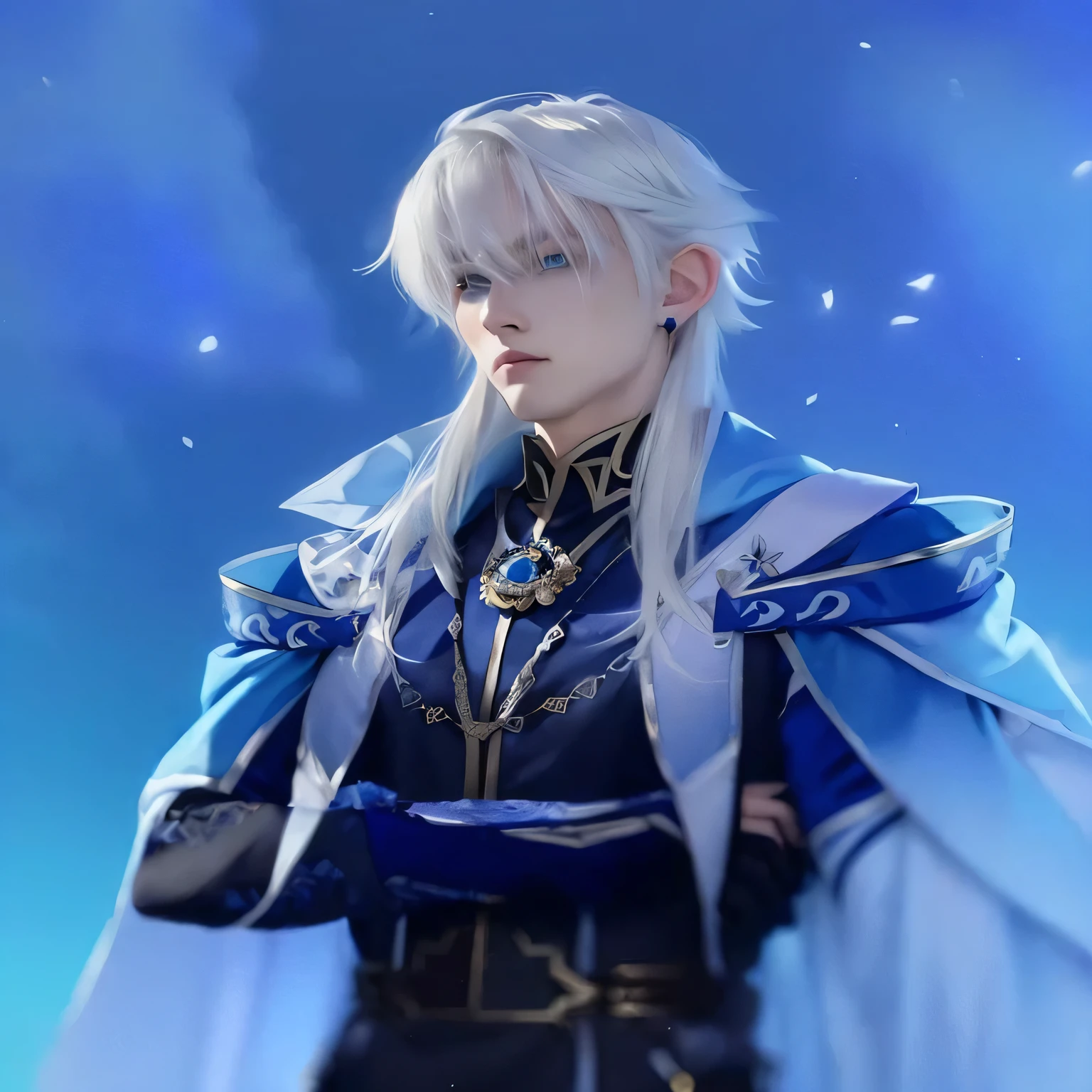 a woman with white hair and blue eyes wearing a blue cape, beautiful androgynous prince, tall anime guy with blue eyes, delicate androgynous prince, keqing from genshin impact, handsome prince, male anime character, genshin impact character, zhongli from genshin impact, portrait of magical blond prince, genshin, beautiful male elf, casimir art
