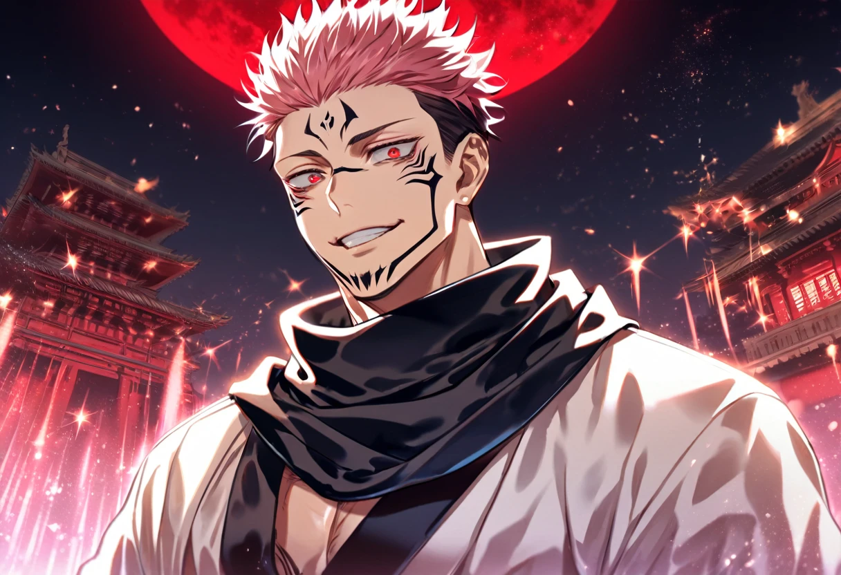 solo, Jujutsu Kaisen, Ryoumen Sukuna, handsome, manly, sexy man, expressive red eyes, pink hair, handsome smile, sadistic, black scarf, white kimono, fantasy, sparkling, red moon, red sparkling lights, demon temple background, UHD, masterpiece, best quality, highres, super detail, anatomically correct, accurate