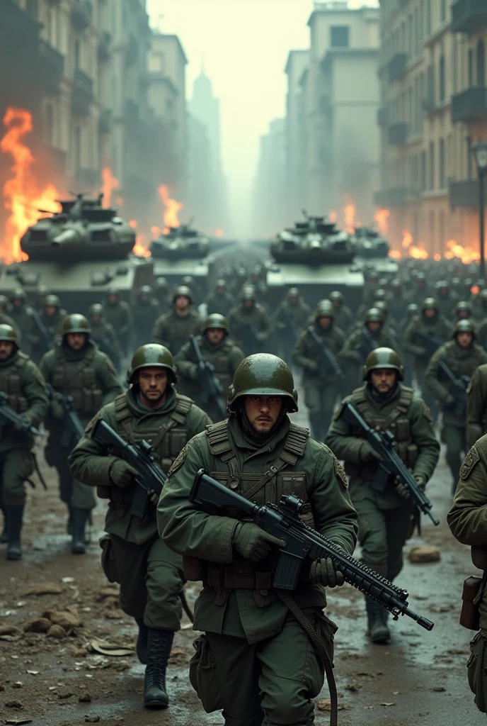 Thousands of soldiers walking in the street with tanks
(armed) (will destroy the,war scene,realisitic,destroyed city,Soldiers and state of shock, It is predicted to be destroyed