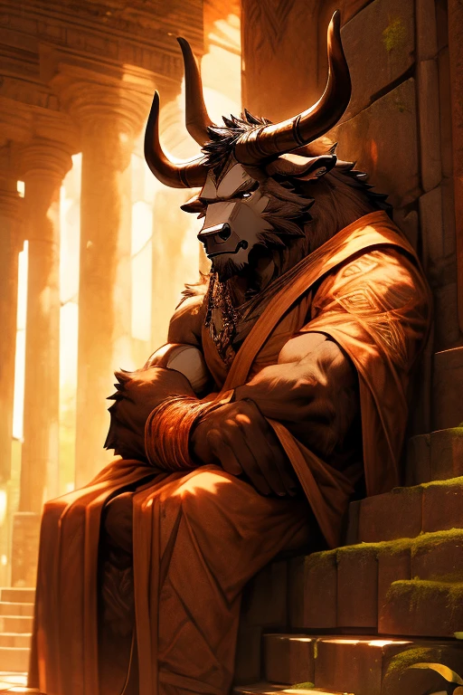 A dark brown furred Minotaur, clad in simple monk's robes, sits in deep meditation within an ancient stone temple. Ao redor dele, there are moss-covered pillars and ancient symbols carved into the walls. Rays of sunlight gently enter through the broken windows, illuminating his calm and powerful posture.