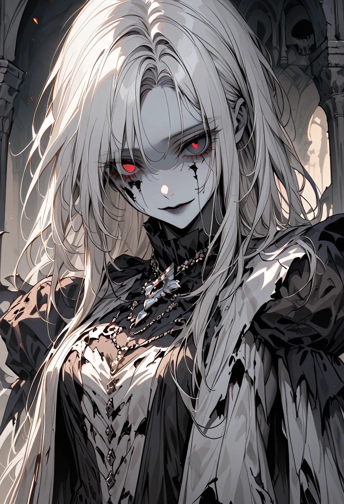 solo, female, grey skin, long white hair, silver brooch, dry body:1.2, empty eye-sockets, eyeless, gouged out eyes, decaying heavily, gentle smile, face, pinup pose, elegant rotten gown, dressed in royal rags, graceful, close up, crypt, dark, worn clothes, 