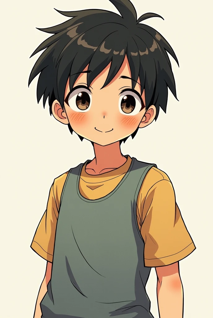 Create a character named "Sanju" for a manga story. Sanju is a 17-year-old boy with a charming, youthful appearance that exudes a sense of innocence and kindness. He has a slightly tousled hairstyle, soft and smooth, with a natural look that adds to his boyish charm. His eyes are wide and expressive, reflecting a deep sense of empathy and curiosity about the world around him. His face is youthful and cute, with gentle features and a warm, welcoming smile that easily puts others at ease. Sanju’s build is slender yet athletic, hinting at a natural agility and energy typical of someone his age. He often dresses casually in comfortable clothes that match his easygoing personality, giving off an aura of approachability and warmth. Despite his outwardly cute and unassuming appearance, there is a quiet strength and determination within him, hinting at the deeper, heroic qualities that will emerge as his journey unfolds.