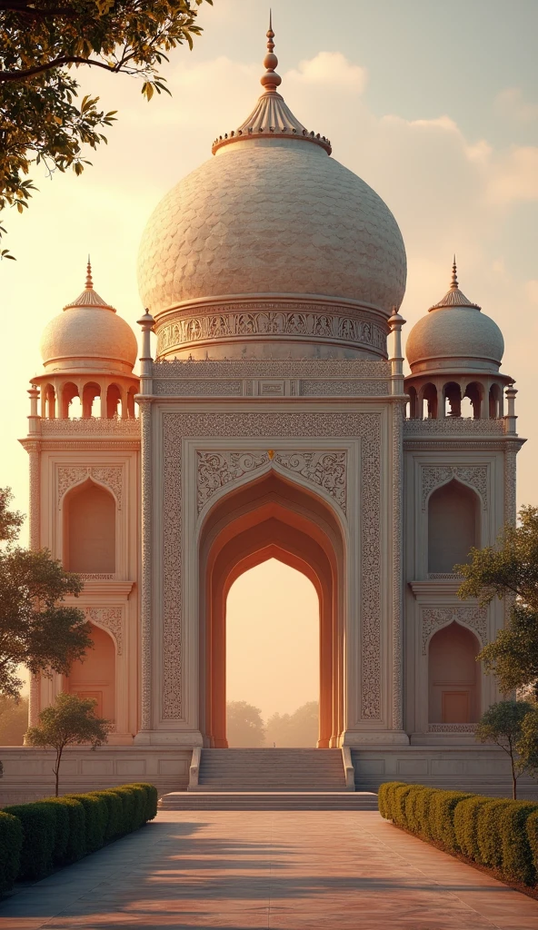 A beautiful Indian architectural monument, with intricate details and warm lighting"