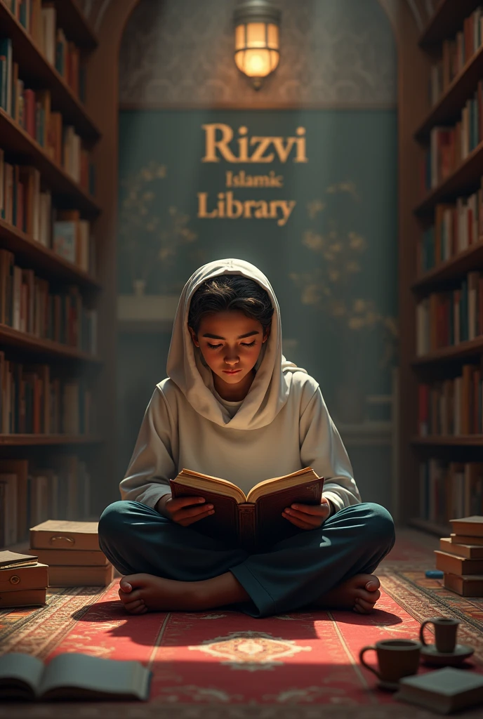 An islamic student reading quran in a room with rizvi islamic library written on wall