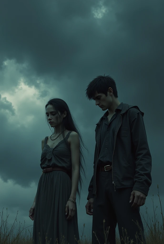 Both figures are depicted in moments of tragic realization, with dark clouds gathering above them