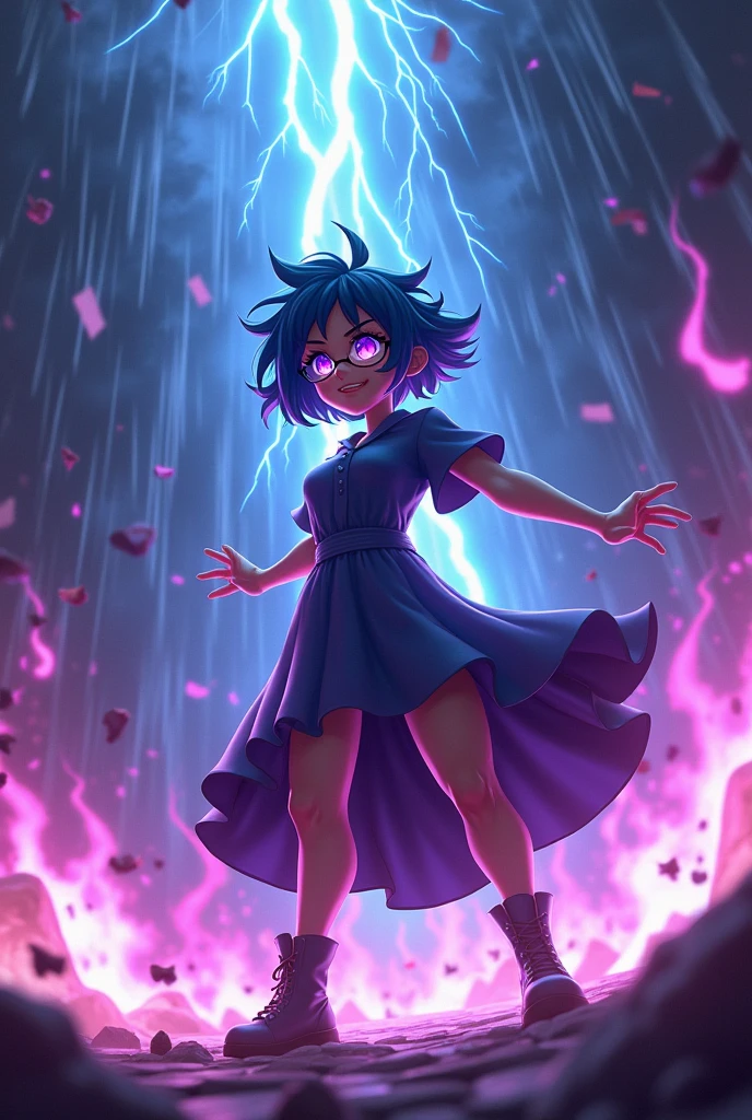 Very minimalistic, dynamic scene with a female character, bright purple eyes, glasses, blue hair, dress, chaos, everything in purple flames, demonic, light, glow, spiky hair, anime, darkness, fragments of fire, fire rain, thunderstorm, blue flame in the background, kind, shiny, aggressive, he is in a spectacular pose, 3D, dynamic pose, realistic flame, he is in a dark dungeon