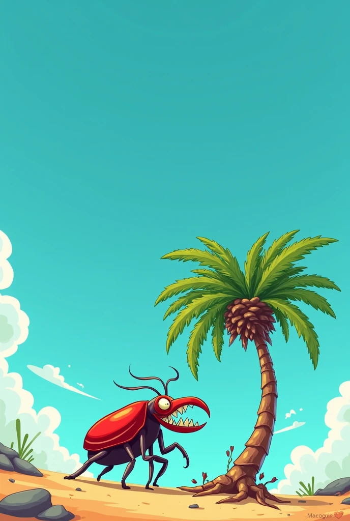 A wicked Rhynchophorus ferrugineus chasing a scared palm tree against a blue sky, everything as if it were a cartoon