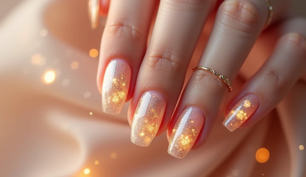 **Champagne Bubbles Nail Art:** The nails are decorated with tiny bubbles and soft gold accents, evoking the effervescence of champagne. The background on the left is inspired by a champagne flute, capturing a celebratory and romantic mood.