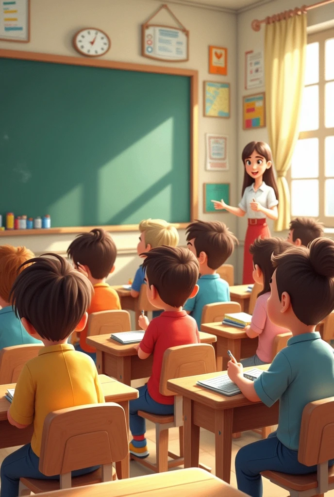 Animated drawing of children sitting with their backs to the teacher.. Show the entire room