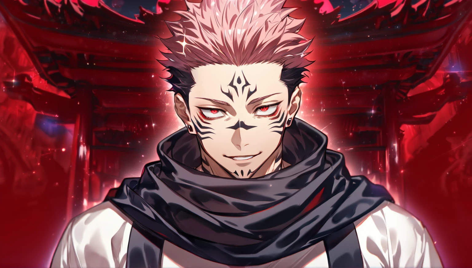 solo, Jujutsu Kaisen, Ryoumen Sukuna, handsome, manly, sexy man, expressive red eyes, pink hair, handsome smile, sadistic, black scarf, white kimono, fantasy, sparkling, red moon, red sparkling lights, demon temple background, UHD, masterpiece, best quality, highres, super detail, anatomically correct, accurate