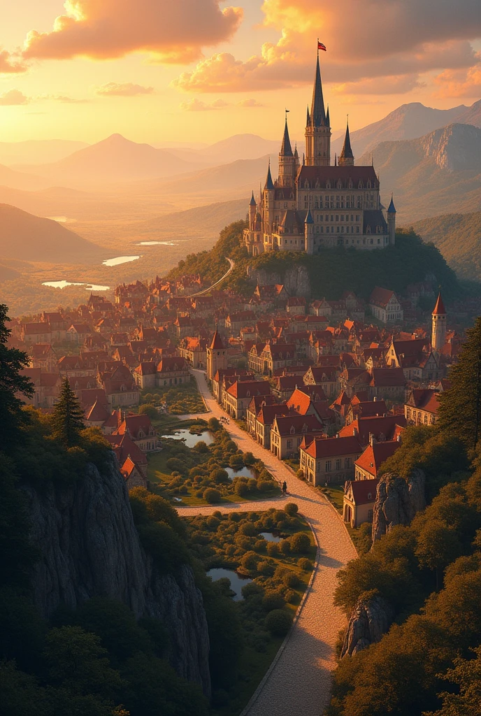 Scene Description:
A vast and grand kingdom inspired by French villages from around 100 years ago, viewed from a distant mountain peak under the warm glow of a golden sunset. The expansive kingdom stretches far into the distance, spreading across the horizon with an air of timeless grandeur.

Kingdom Layout:
At the center of the kingdom, on flat ground, stands a majestic palace with towering spires that are visible even from afar. The palace is the focal point of the scene, surrounded by an endless array of charming houses with red-tiled roofs and stone walls. The village is vibrant and lively, featuring bustling market squares, schools, ponds, and lakes that glimmer in the soft evening light.

Architecture and Streets:
Cobblestone streets fan out from the palace, weaving through the sprawling village. These streets connect various parts of the kingdom, leading to vibrant marketplaces, peaceful parks, and residential districts that seem to extend endlessly.

Landscape:
The kingdom is set against a backdrop of rolling hills and valleys, which enhance its vastness and majesty. The overall atmosphere is one of serenity and splendor, with the sky painted in warm orange and pink hues, adding to the scene’s enchanting beauty