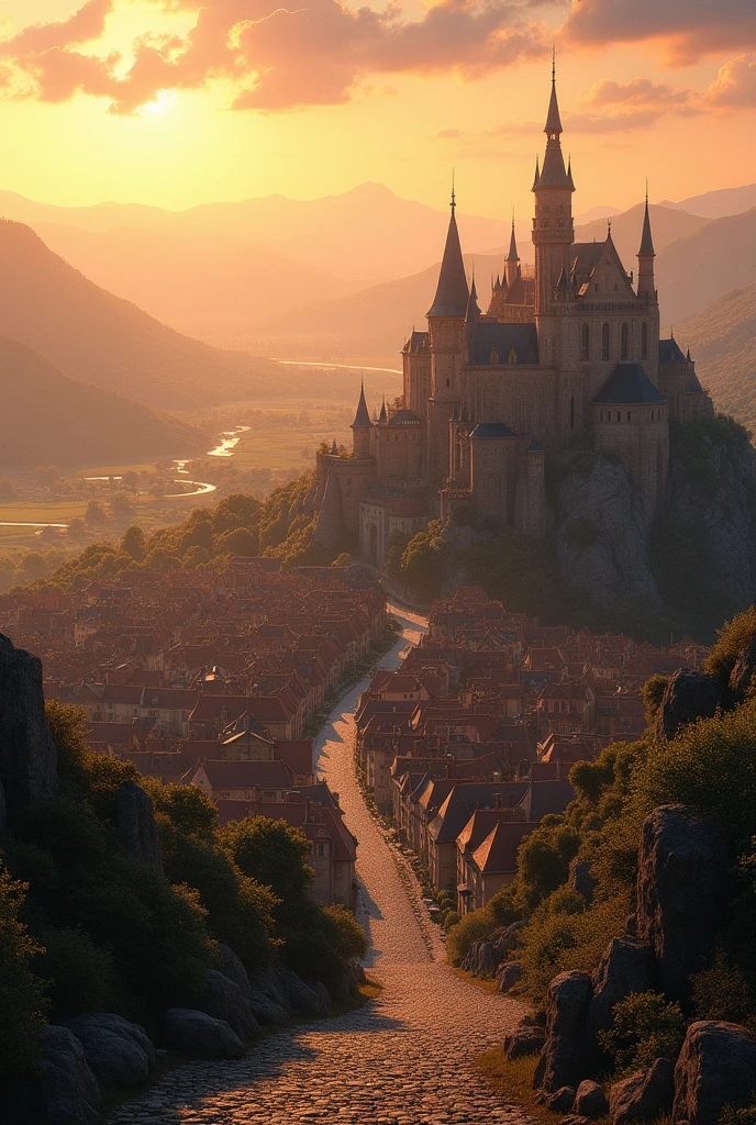 Scene Description:
A vast and grand kingdom inspired by French villages from around 100 years ago, viewed from a distant mountain peak under the warm glow of a golden sunset. The expansive kingdom stretches far into the distance, spreading across the horizon with an air of timeless grandeur.
Kingdom Layout:
At the center of the kingdom, on flat ground, stands a majestic palace with towering spires that are visible even from afar. The palace is the focal point of the scene, surrounded by an endless array of charming houses with red-tiled roofs and stone walls. The village is vibrant and lively, featuring bustling market squares, schools, ponds, and lakes that glimmer in the soft evening light.
Architecture and Streets:
Cobblestone streets fan out from the palace, weaving through the sprawling village. These streets connect various parts of the kingdom, leading to vibrant marketplaces, peaceful parks, and residential districts that seem to extend endlessly.
Landscape:
The kingdom is set against a backdrop of rolling hills and valleys, which enhance its vastness and majesty. The overall atmosphere is one of serenity and splendor, with the sky painted in warm orange and pink hues, adding to the scene’s enchanting beauty