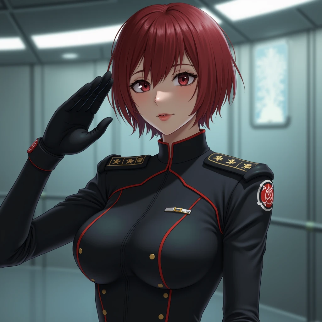 Earth Federation Forces。Lieutenant Matilda。Short reddish-brown hair。Black and gray two-tone uniform。Dark Eyes。Red Rouge。
sexy。slender。
Military ship bridge。
Beauty。Beautiful breasts。Is saluting。In the left hand is the evaluation file.。
masterpiece、Highest quality、8k、uhd、High definition、Fine skin quality。Realistic、
From the waist up