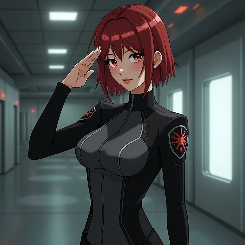 Earth Federation Forces。Lieutenant Matilda。Short reddish-brown hair。Black and gray two-tone uniform。Dark Eyes。Red Rouge。
sexy。slender。
Military ship bridge。
Beauty。Beautiful breasts。Is saluting。In the left hand is the evaluation file.。
masterpiece、Highest quality、8k、uhd、High definition、Fine skin quality。Realistic、
From the waist up