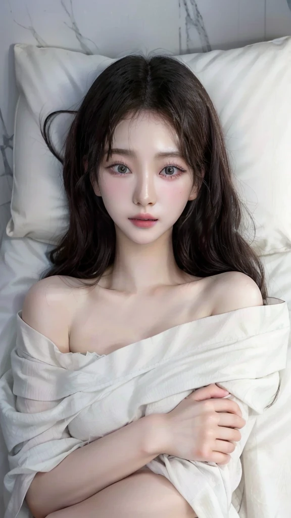 a close up of a woman laying in bed with a white blanket, beautiful south korean woman, realistic. cheng yi, korean girl, beautiful young korean woman, chinese girl, gorgeous chinese model, dilraba dilmurat, by Yu Zhiding, gorgeous young korean woman, by Zhang Han, korean woman, beautiful delicate face, beautiful asian girl, lovely delicate face, Face Korean, Korean Woman, Korean Fem, K-pop group, K-pop Aespa, Aespa, Karina, Karina Face, Karina aespa, Karina, Karina k-pop, Karina of Aespa