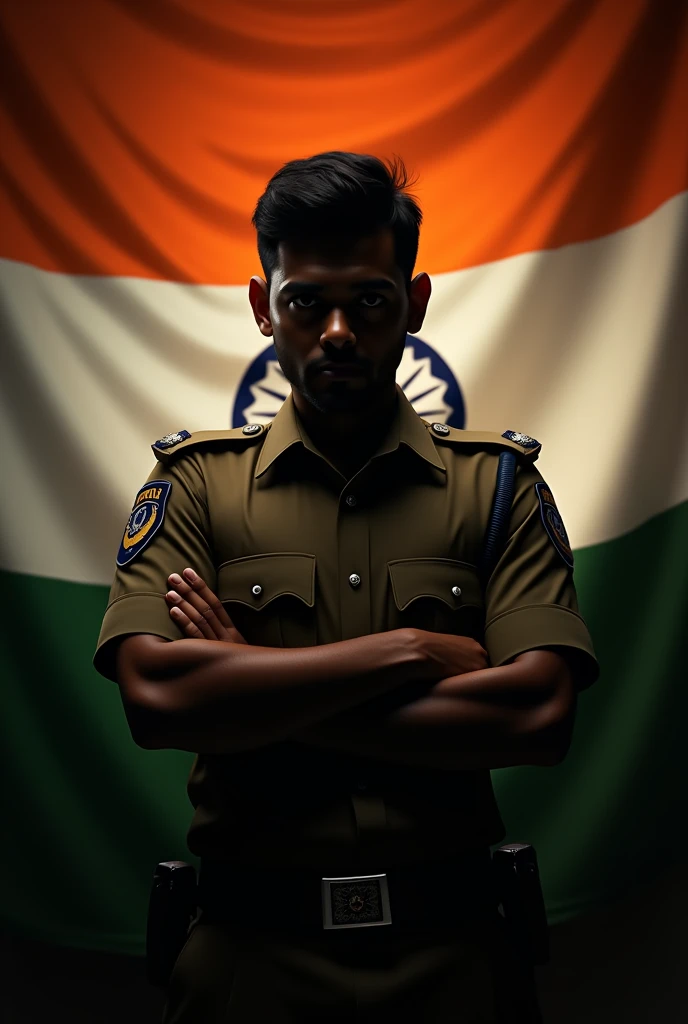 Here is the image of the Indian policeman in a brown uniform, with his face partially in shadow and the Indian flag in the background. Let me know if you'd like any changes or have another request! His face is fully dark and he has no hat on his head