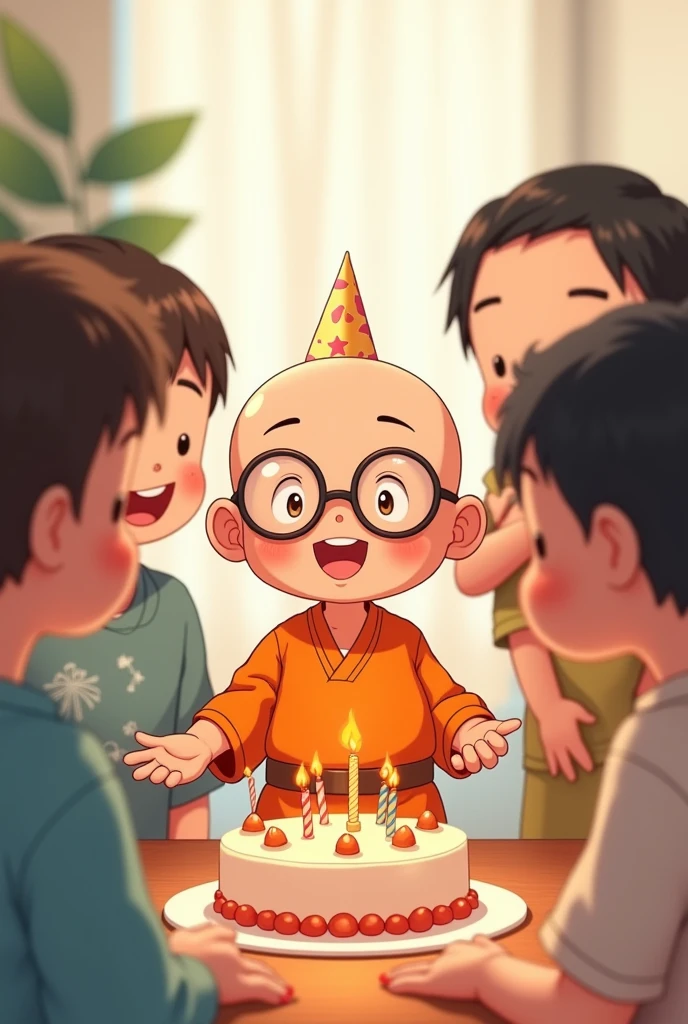 monkey boy ( CIRANÇA) cute Japanese , with glasses, no hair, wearing orange clothes, brown belt, celebrating your birthday, with birthday cake and friends beside him