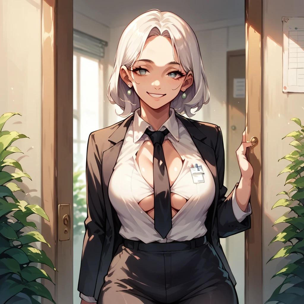 throw, white woman in a black suit and black tie, She is opening the door of an office with documents in her hands., She has a smile on her face 