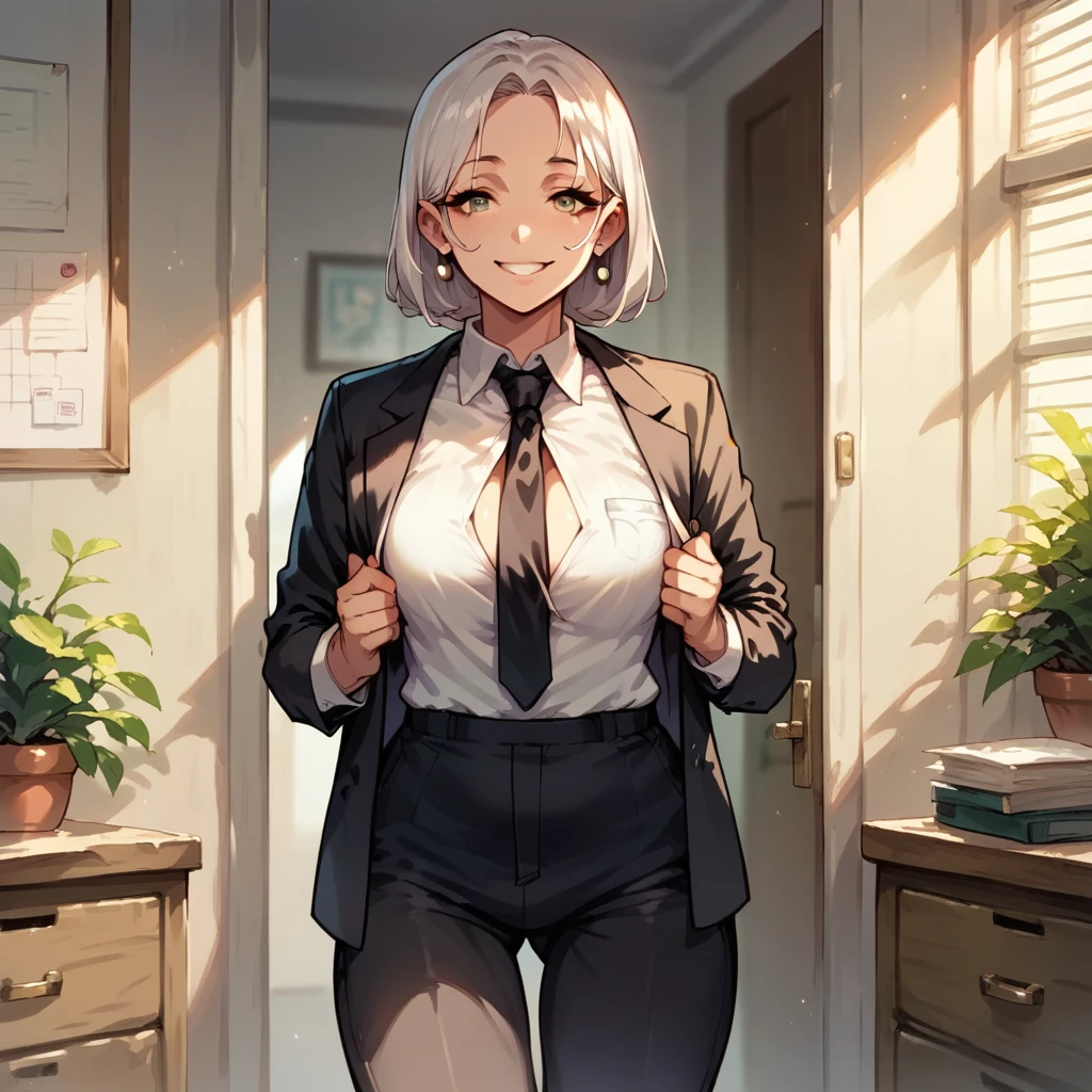 throw, white woman in a black suit and black tie, She is opening the door of an office with documents in her hands., She has a smile on her face 